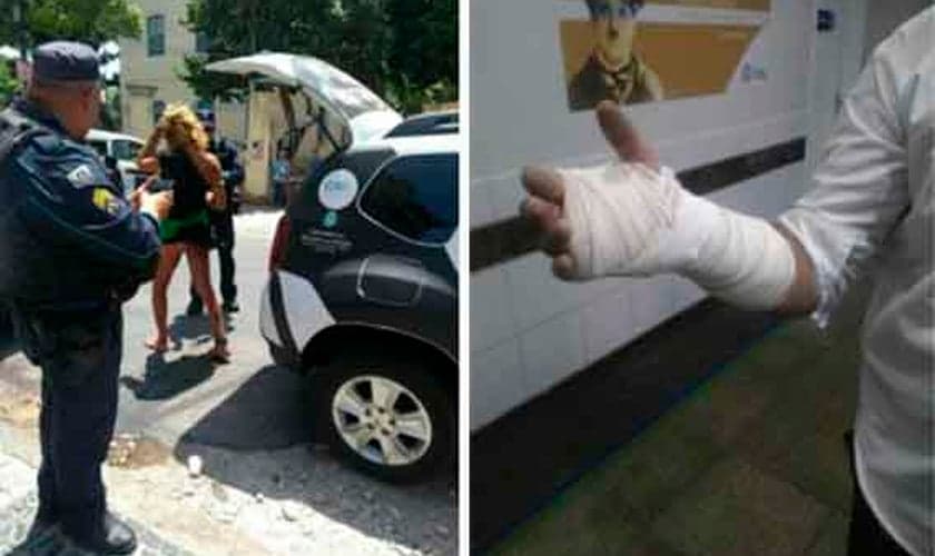 À direita, travesti protesta contra religiosos. À direita, vigilante da igreja mostra braço ferido. (Foto: Universal)