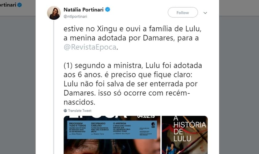 Natália Portinari é jornalista da revista Época e menosprezou o infanticídio indígena para tentar desmentir e acusar a ministra Damares Alves de sequestro. (Imagem: Twitter - Reproduçã)