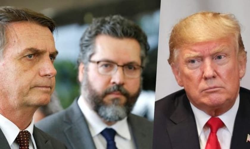 Jair Bolsonaro (à esquerda), chanceler Ernesto Araújo (ao centro) e Donal Trump (à direita). (Imagem: Blog do Esmael)