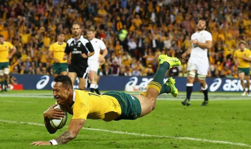 Israel Folau é considerado craque da liga de rúgbi australiana, defendendo o Waratahs. (Foto: Cameron Spencer/Getty Images)