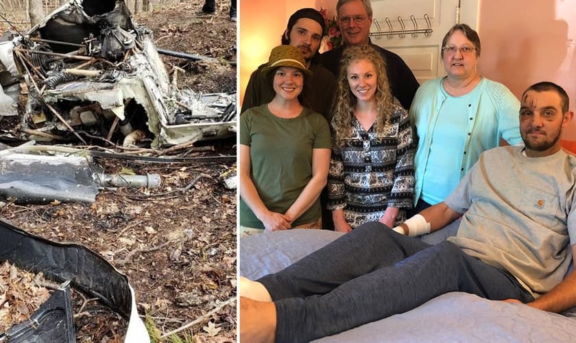 Helicóptero Robinson após o acidente e piloto por Lee Hilty em recuperação no hospital. (Foto: Reprodução/Justin Dix/Tim Slabach)