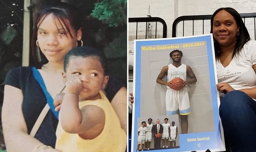 Camille Joy junto com o filho ainda bebê, quando ela tinha 16 anos, e hoje comemorando sua graduação. (Foto: Reprodução/Instagram)