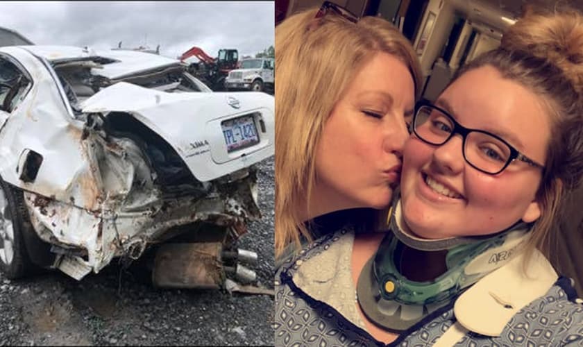 O carro de Macy Smith destruído após acidente, e a jovem agora salva. (Foto: Reprodução/Twitter)