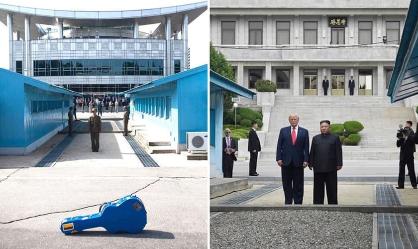 O violão de Steve Feucht na DMZ (à esquerda) e o presidente Donald Trump e o ditador Kim Jon-un se encontram na zona desmilitarizada entre a Coreia do Norte e do Sul. (Foto: Kevin Lamarque/Reuters)