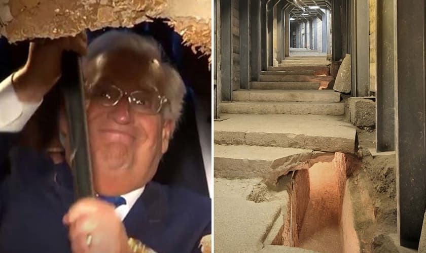 Com uma marreta, embaixador americano David Friedman abre parede que inaugura Estrada dos Peregrinos como nova via para o turismo em Jerusalém. (Foto: Reprodução/Menorah)