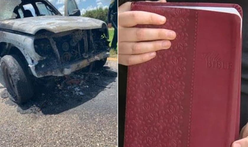 Bíblia permaneceu intacta em meio às chamas que carbonizaram o veículo. (Foto: WBBH/WZVN)