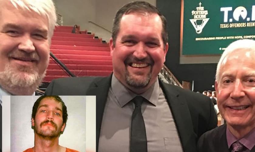 Ron Adkins quando foi preso (no destaque) e hoje como ministro do Evangelho (no centro da foto). (Foto: Reprodução/Facebook)