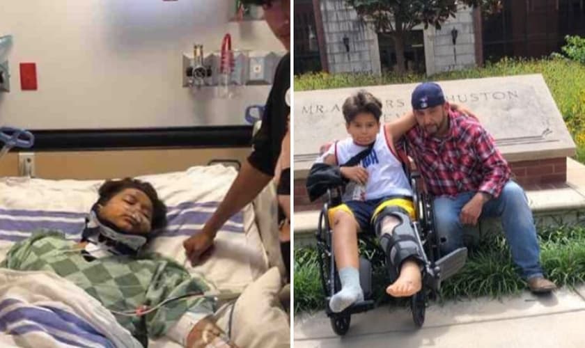 Emilio Corrales itnernado após ser atropelado por semi-caminhão (à esquerda) e em recuperação ao lado do pai. (Foto: Reprodução/CP)