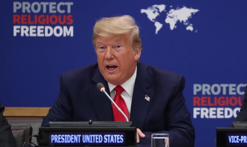O presidente dos EUA, Donald Trump, fala durante o evento "Apelo Global para Proteger a Liberdade Religiosa” na sede da ONU em Nova York. (Foto: Reuters/Jonathan Ernst)