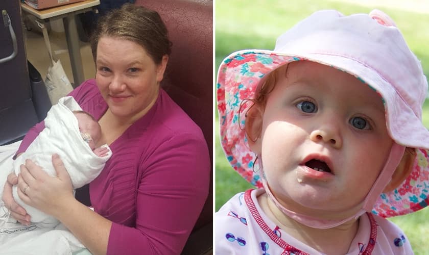 Holy com sua bebê Elliot durante a internação na UTI (à esquerda) e Elliot recuperada em casa. (Foto: Reprodução/CHVN Radio)