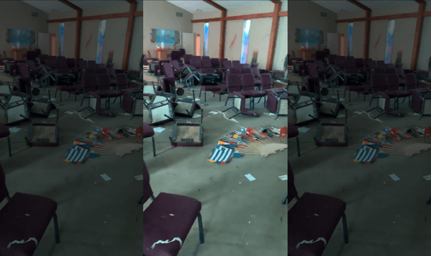 A igreja One Church, em Memphis, teve bancos quebrados e paredes sujas de tinta, além de dinheiro e alto-falantes roubados. (Foto: Fox News)