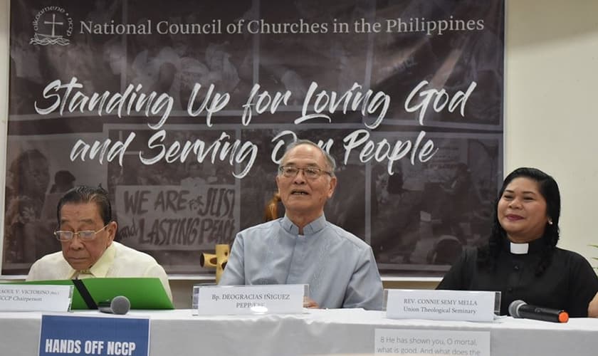 Conselho Nacional de Igrejas nas Filipinas em coletiva de imprensa após ser listado pelo governo como terrorista. (Foto: NCCP)