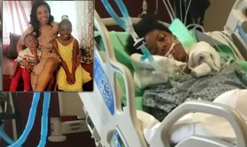 Kertisha Brabson durante o coma e hoje saudável com as filhas. (Foto: Reprodução/GodUp)