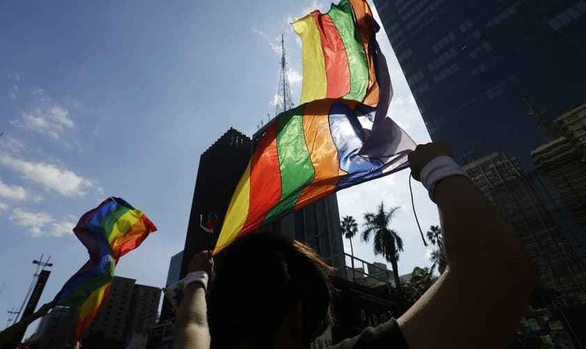 Bandeira do movimento LGBT durante a parada do orgulho gay, na Avenida Paulista. (Foto: Nelson Antoine/AP)
