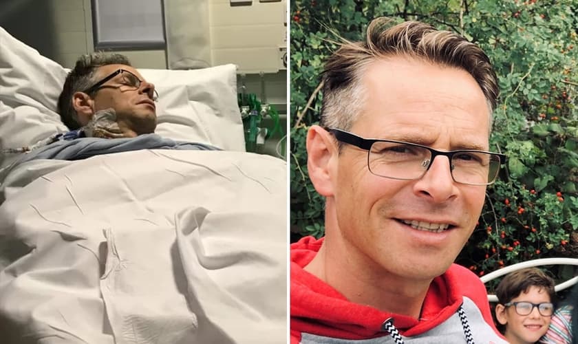 O Pr. Wickland em coma no hospital e hoje recuperado com a família. (Foto: Reprodução/Premier)