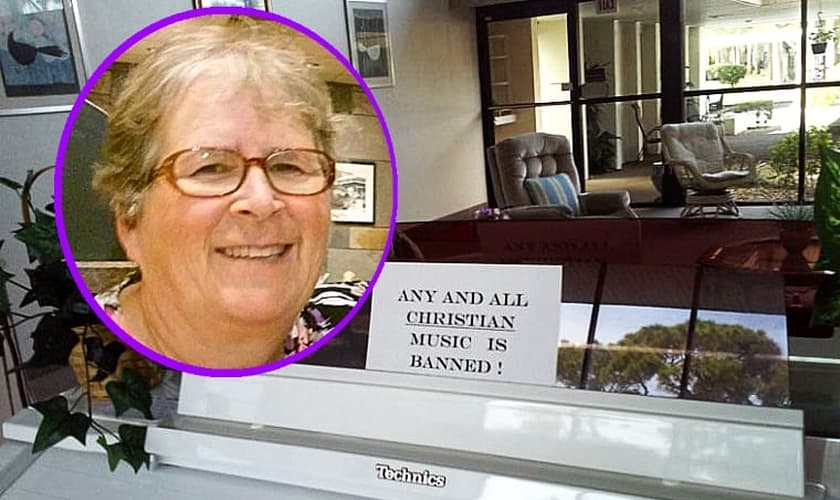 Aviso em cima do órgão localizado na sala comum do condomínio dizia que música cristã estava proibida de ser tocada. (Foto: Reprodução/First Liberty Institute)