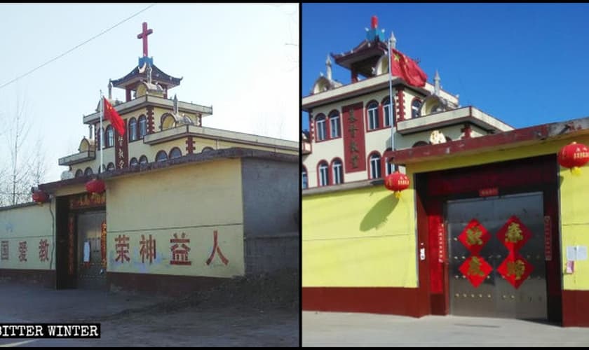  A cruz de uma Igreja dos Três Poderes na vila de Hexi foi destruída em 3 de fevereiro. (Imagem: Bitter Winter)