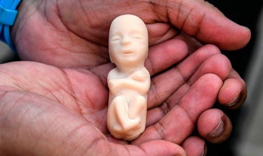 Militante pró-vida segura nas mães uma representação de bebê em idade gestacional. (Foto: AFP)