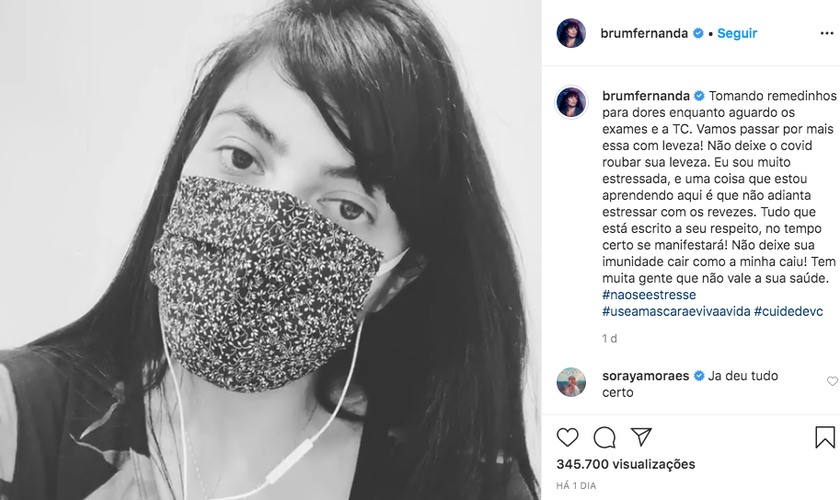 Fernanda Brum usou as redes sociais para anunciar o resultado positivo para coronavírus. (Foto: Reprodução/Instagram)