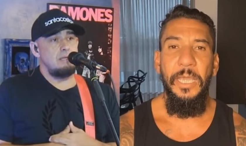 Digão (à esquerda) comentou a morte de Bessanger Abrantes e abriu espaço para a mensagem de Rodolfo Abrantes (à direita) na live dos Raimundos. (Imagem: UOL)