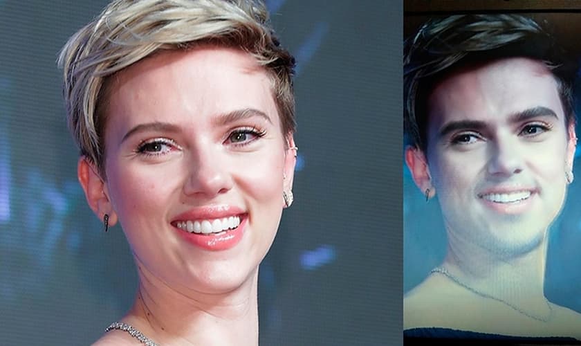 A atriz Scarlett Johansson em versão masculina graças a filtro de realidade aumentada do Snapchat. (Imagem: Reprodução/UOL)