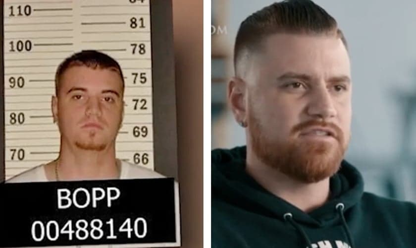 Caleb McCall ao ser preso e hoje vivendo como um cristão. (Foto: Reprodução/CBN News)