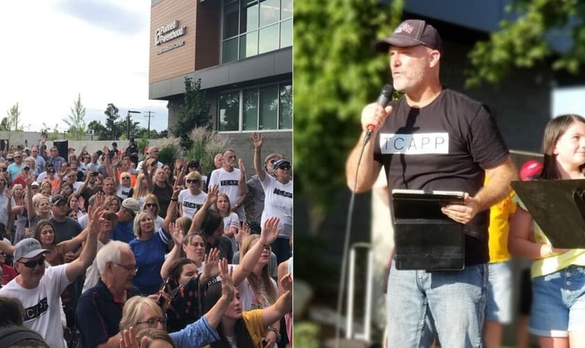 Pastor Ken Peters (direita) prega durante culto realizado ao lado de prédio da Planned Parenthood, em Spokane, Washington, EUA. (Foto: Christine Stickelmeyer/TCAPP)