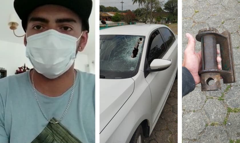 João Paulo Huttl e a peça que atingiu o para-brisa de seu carro. (Foto: Reprodução / Facebook)