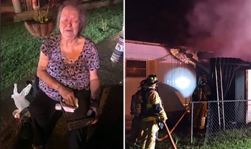 Sheila Cady, de 75 anos, louva a Deus ao encontrar suas Bíblias. (Foto: Reprodução/WRCB)