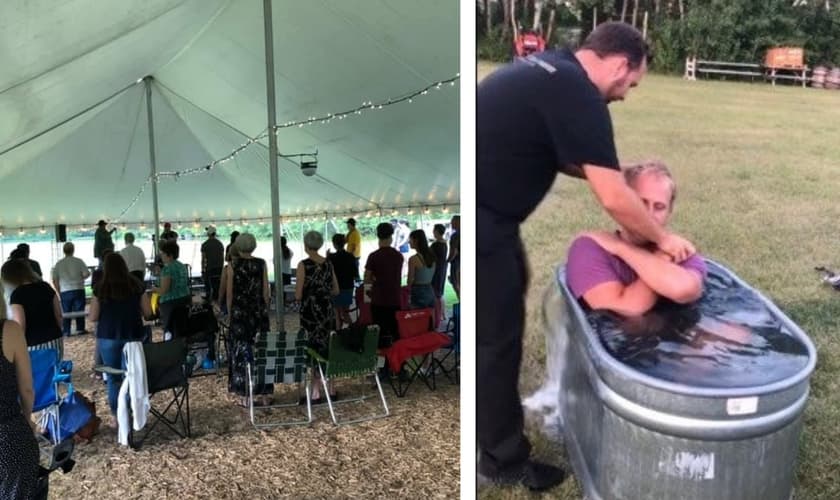 Evangelismo e batismo em reunião realizada em Manitoba. (Foto: Reprodução / CHVN)