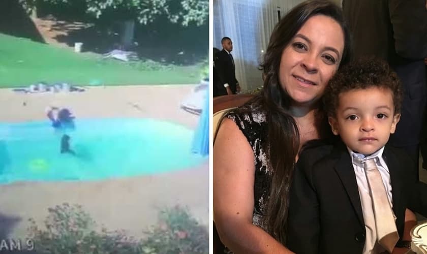 Poliana e o filho; ao lado, câmera registrou ato heroico onde o acidente aconteceu. (Foto: Reprodução / Facebook)
