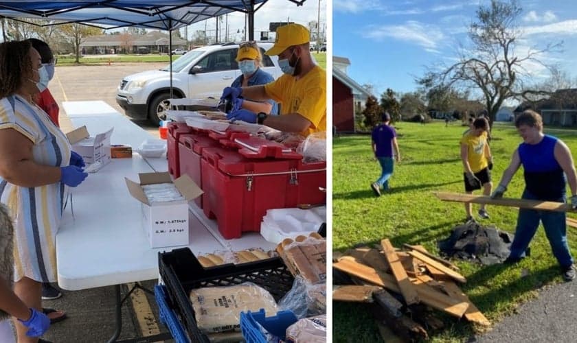 Voluntários servem comida para desabrigados e limpam destroçoes em Lake Charles. (Foto: Reprodução / BP Press)