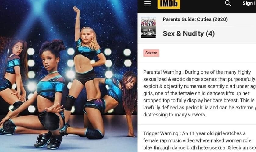 Imagem compartilhada no Twitter mostra banner de divulgação de "Cuties", usado pela Netflix anteriormente e print do aviso do IMDb sobre o conteúdo ofensivo do filme. (Imagem: Twitter)