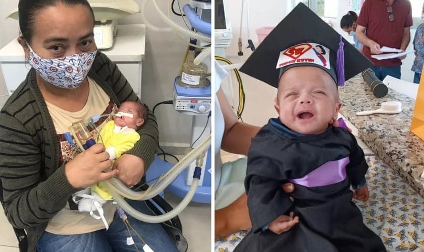 Selma e seu bebê, que nasceu com 620 gramas deixou hospital após 5 meses, com chapéu de formatura. (Foto: Selma Barbosa/Arquivo pessoal)