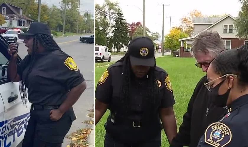A policial Nora Jones usou um alto-falante da viatura para orar. (Foto: Reprodução/WXYZ/Montagem do Guiame)