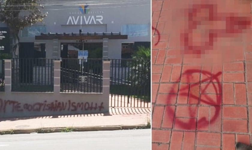 A Igreja Batista Avivar Poços de Caldas (MG) foi pichada com mensagens de ódio. (Foto: Reprodução/TV Plan)