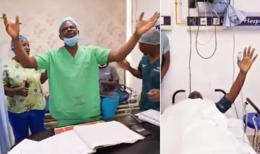 Neurocirurgião em momento de adoração com paciente e enfermeiros. (Foto: Montagem/Guiame/Facebook/NKANI)