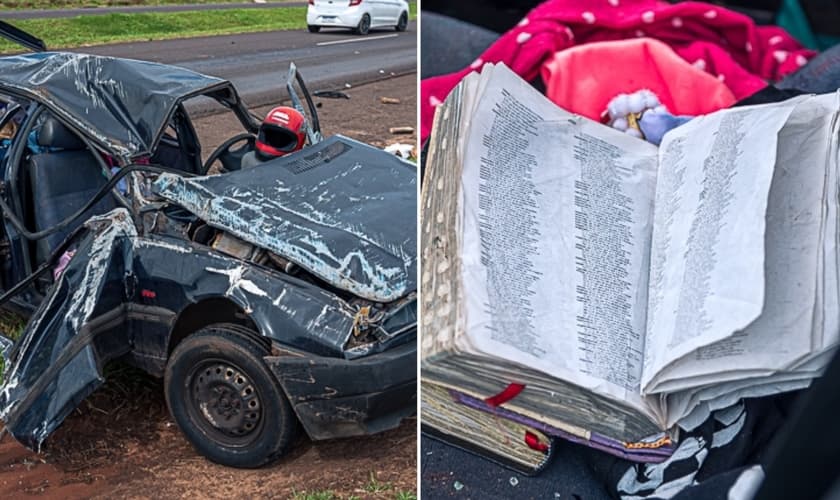 Veículo fica destruído após capotamento; Bíblias estavam dentro do carro. (Foto: Danilo Martins/OBemdito)
