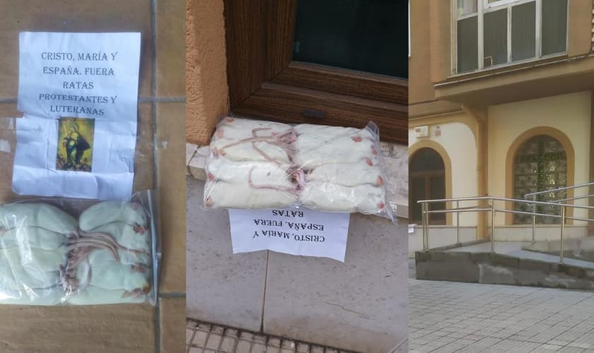 A igreja foi vandalizada com sacos de ratos mortos em suas janelas. (Foto: Iglesia Nueva Vida Santander)
