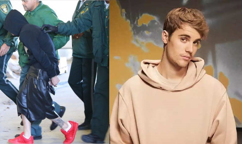 À esquerda, Justin Bieber aparece sendo detido por policiais em Miami, 7 anos atrás, e à direita, já em 2020, após optar por uma vida mais próxima de Deus. (Imagem: Instagram / Divulgação)