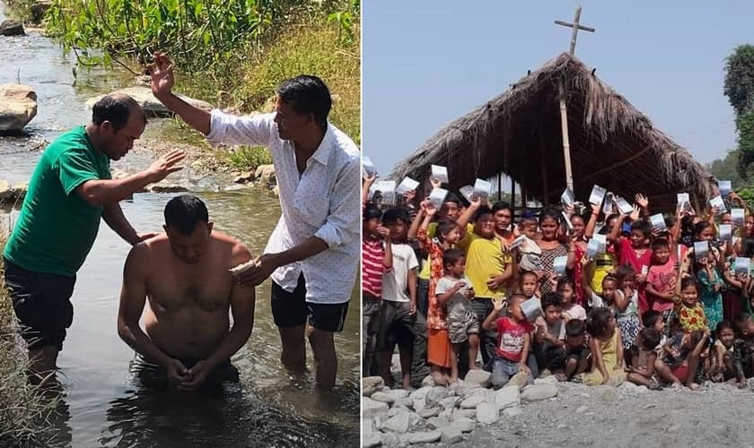 Batismo e cristãos em uma das igrejas plantadas pelo Pr. Kulbhadur no Nepal. (Foto: Reprodução / Pr. Kulbhadur)