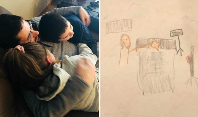 Carson sendo recebido em casa após alta; ao lado, desenho feito pela filha: Jesus com a mão sobre a cabeça de Carson enquanto ele estava internado. (Foto: Reprodução / Facebook)