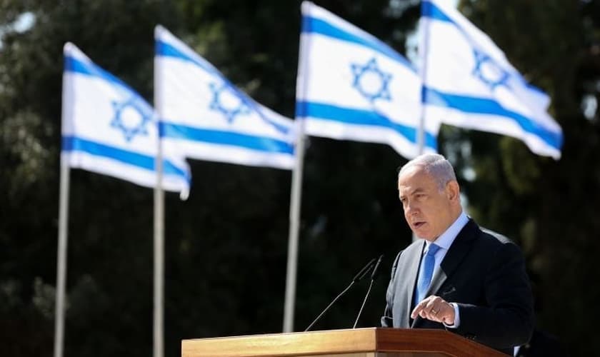 Benjamin Netanyahu durante cerimônia memorial em Tel-Hai, no norte de Israel, em 23 de fevereiro de 2021. (Foto: David Cohen/Flash90)