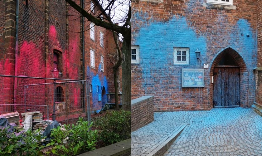 A fachada do prédio da Igreja de São Martini, em Bremen (Alemanha), vandalizada em 7 de março de 2021. (Foto: Reprodução / Facebook)