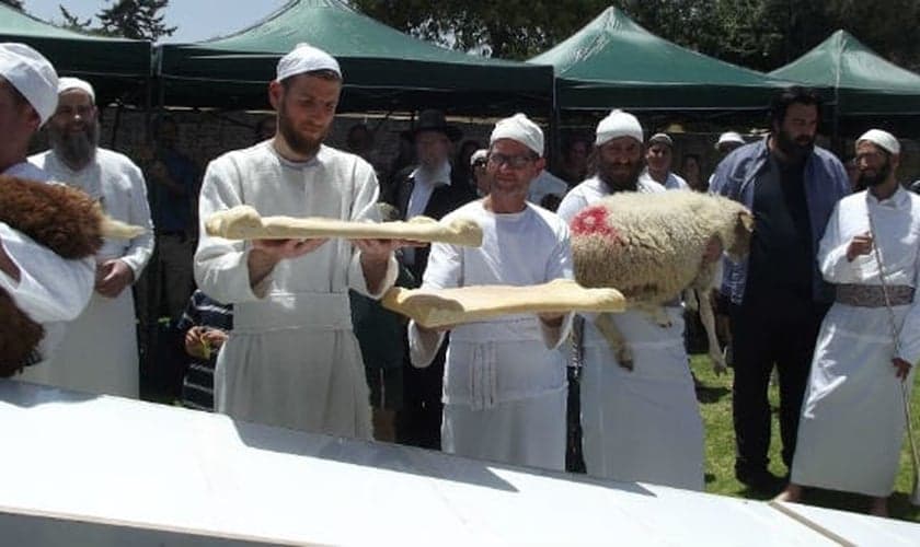 Kohanim (sacerdotes / descendentes do primeiro Sumo Sacerdote Aarão), realizam uma reconstituição da cerimônia do Templo em Shavuot (Festa das Semanas). (Foto: Adam Eliyahu Berkowitz)