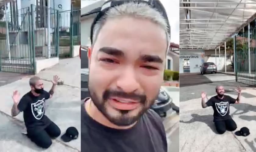 O cantor Yudi Tamashiro orou pelos pais com Covid-19 em frente ao hospital que estão internados. (Foto: Reprodução/Instagram).