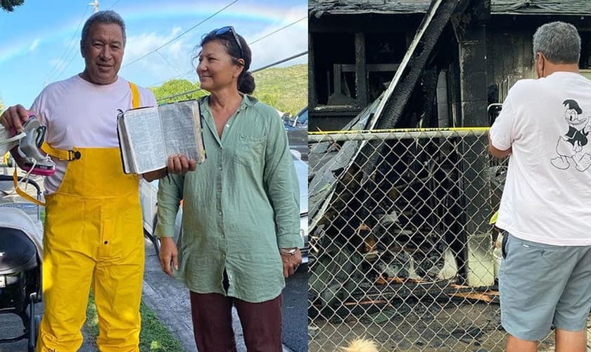 Tony e Tammy Moniz, pais de Kelia Moniz, com a foto da Bíblia intacta; o pai da surfista em frente à casa da família, destruída pelo fogo. (Foto: Reprodução / Instagram).