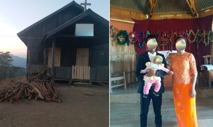 O prédio da igreja, inclinado após uma tempestade; Pr. Joseph, esposa e filha. (Foto: Reprodução / Pr. Joseph)