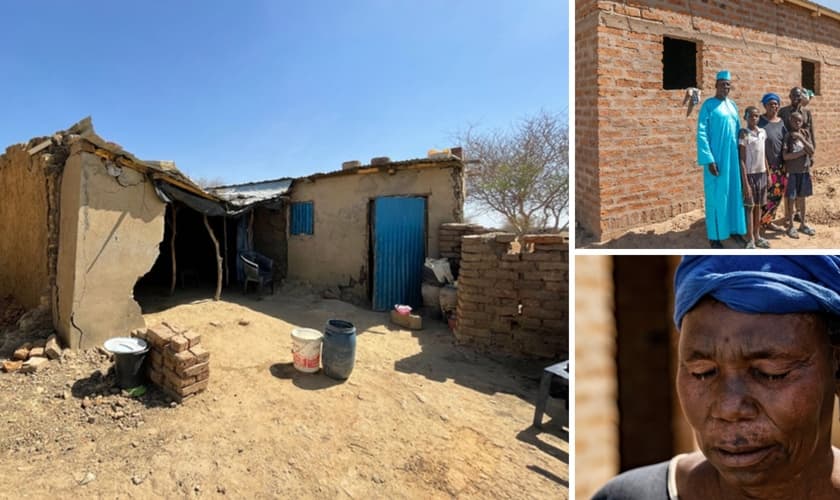 A nova casa de Maria e no destaque a casa destruída pela enchente. (Foto: New Covenant Missions)