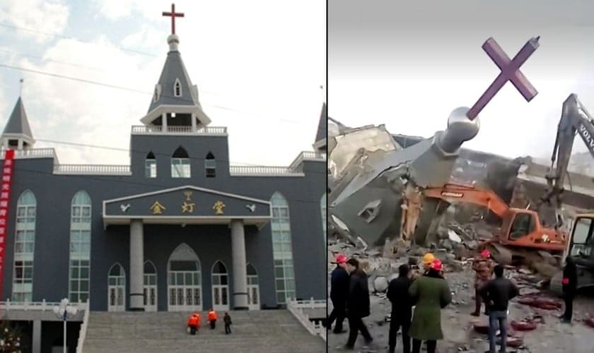 Igreja Golden Lampstand, na China, sendo destruída, em 2018. (Foto: Reprodução Veja Abril)